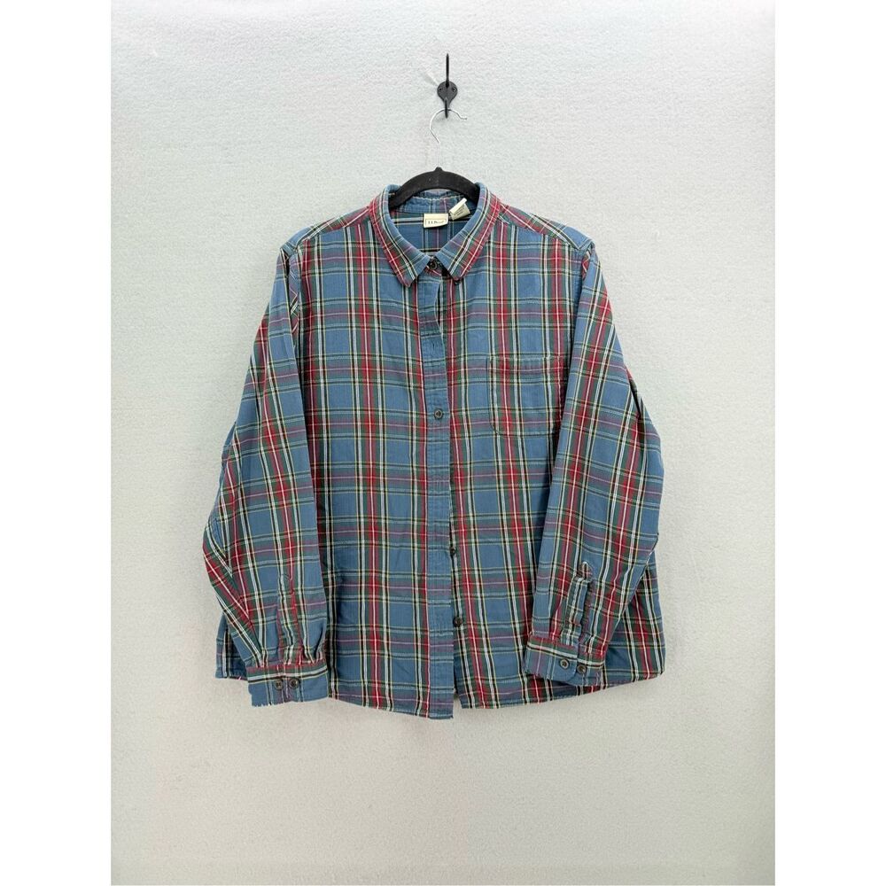 L.L. Bean Blue Plaid Button-Down Shirt with Red and Green